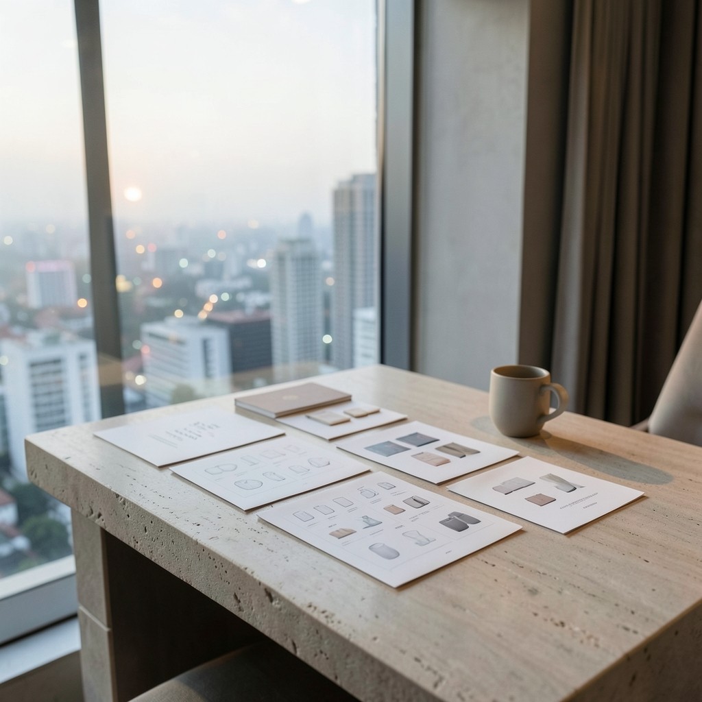 Quiet Bangkok studio workspace with printed retail charts and product samples