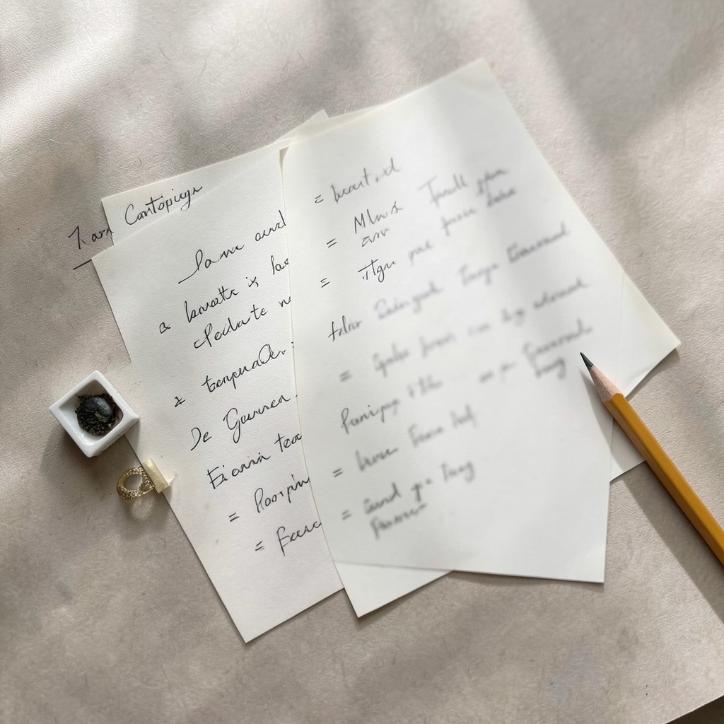 Handwritten category hierarchy notes next to product samples