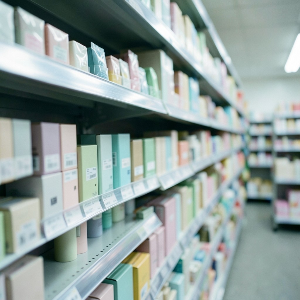 Close view of a retail planogram aisle with labelled product facings