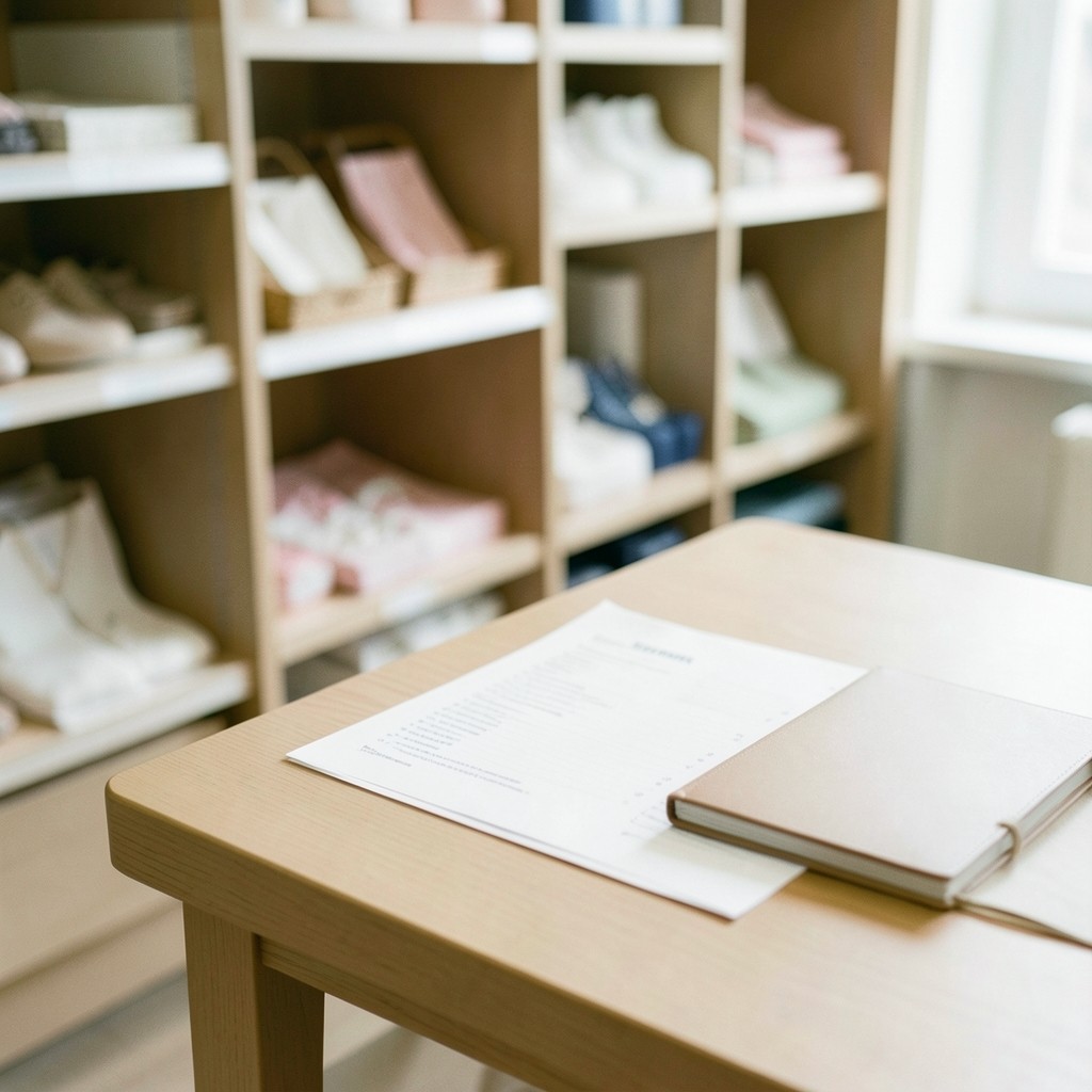 Retail shelves photographed beside a laptop showing printed sell-through sheets