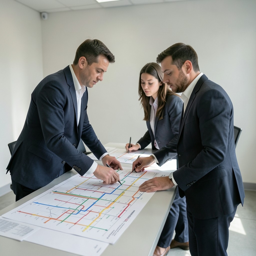 Retail analysts comparing printed channel charts on a large work table