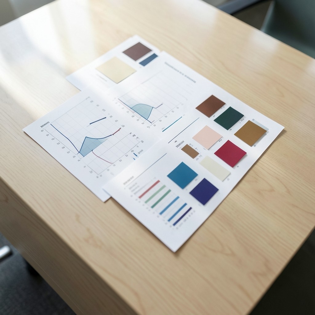 Printed retail charts arranged on a meeting table