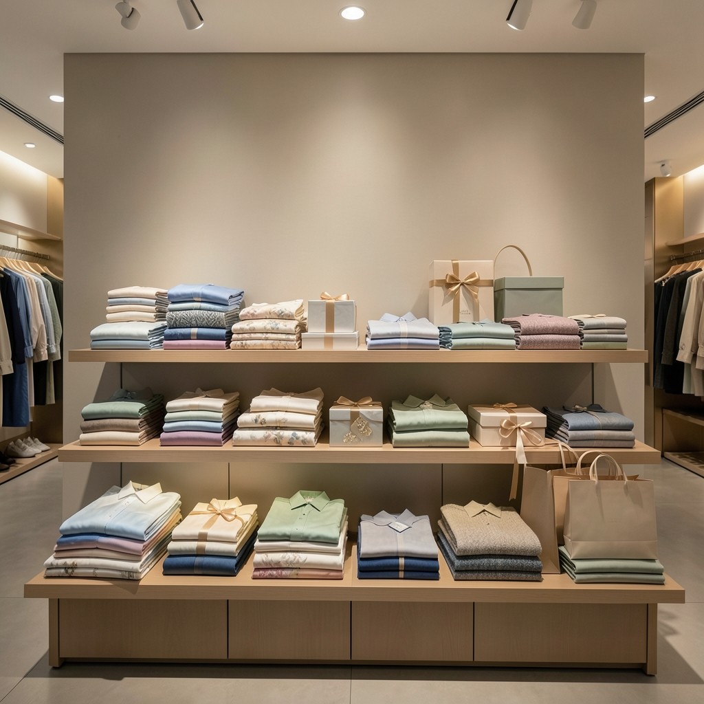Seasonal retail floor display with carefully arranged merchandise